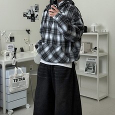 르위 체크 후드반집업 오버핏 스트링 아노락 맨투맨 빅사이즈 남녀공용