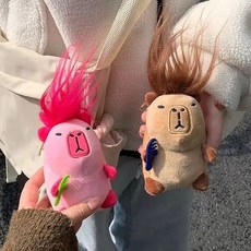 킹받는 장발 카피바라 봉제 애착 인형, 1개, 브라운+핑크 키링, 11cm