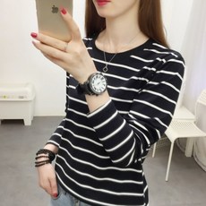 MS HOME 여성 라운드넥 면 티셔츠 스트라이프 긴팔