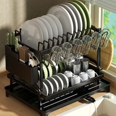 주방 자동배수 식기건조대 다용도 물빠짐 설거지건조대 풀세트, 1개, 블랙, 2단 1개, 블랙, 2단
