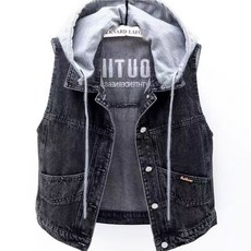 남성 청조끼 봄 가을 남여공용 캐주얼 코디 자수 데님 베스트 상의 여성 패션 후드 조끼 코트 루즈핏 데일리 민소매 아우터 YMY