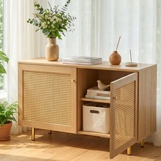 다용도 침실 서랍장 거실 TV 서랍장 예쁜 라탄 장식장 1200, 우드