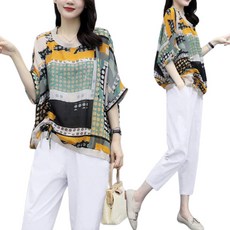 Asure 여름 여성 캐주얼 나염 상의+9부바지 투피스 세트