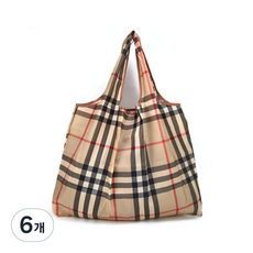 휴대용 접이식 장바구니 에코백 라지 대형 빅사이즈 쇼퍼백, 베이지 체크, 6개