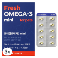반려다움 강아지 오메가3 고양이 미니 영양제 순도80% rTG 비타민 함유, 3개, 심장/간, 60정