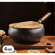 라이프헬퍼 24cm 논스틱 넓은 궁중팬 프라이팬 인덕션 순철 무쇠 후라이팬 가정용 무코팅 철 후라이팬 주물, 4세트, 냄비 24cm+나무 뚜껑, 블랙