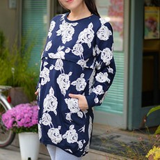 마더라이크 F.긴팔장미수유티- 면 나염 지퍼 외출 수유복