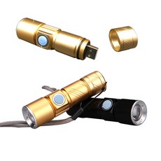 USB 충전식 LED 미니 줌 후레쉬 라이트 손전등 랜턴 비상등 등산 낚시 캠핑 순찰, USB 충전식 LED 미니 줌 후레쉬-골드, 1개