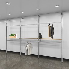 벽면형 폴행거 혼합세트 3열6단(2.4m) 매장 찬넬 수납 선반 진열 행거, 사각폴대/각파이프(화이트):검정월넛/300x600
