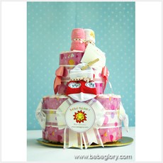 베베글로리 [완성품]글로리핑크 기저귀케익2단-여아용 2단계_백일이전용 (하기스 기저귀28개+캐릭터 양말+무형광 손수건)포함, 여아용_2단계_백일이전, 1개