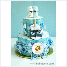 베베글로리 [완성품]베베블루 기저귀케익2단-남아용 1단계_신생아용 (하기스 기저귀28개+캐릭터 양말+무형광 손수건)포함, 남아용_1단계_신생아용, 1개