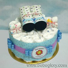 베베글로리 하트블루 기저귀케익1단-남아용 1단계_신생아용 (하기스 기저귀20개+캐릭터 양말+무형광 손수건)포함 완성품, 1개