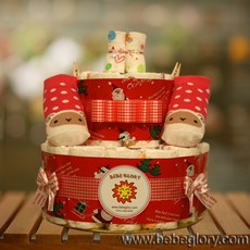 베베글로리 산타베베 기저귀케익2단 - 하기스 기저귀28개+양말+무형광 손수건 포함 완성품, 여아용_2단계_백일이전, 1개