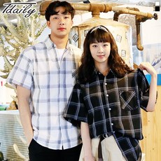 티데일리 남여공용 쿠크 반팔 박시 체크 셔츠 남방 오버핏 반소매