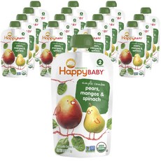 Happy Baby 심플 콤보 어린이 스무디 113g, 배 + 망고 + 시금치(Pears + Mangos + Spinach), 16개입