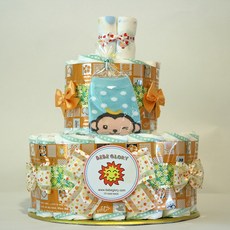 기저귀케이크2단 쥬시베베 하기스기저귀28개+양말+무형광손수건 포함 완성품, 남아용_3단계_백일이후용, 1개