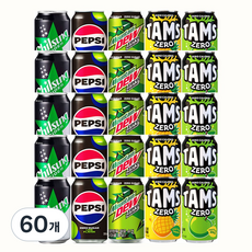 마셔몰 제로 탄산음료 세트 탐스사과 파인애플 칠성사이다 펩시콜라 마운틴듀 5가지맛 각4캔씩, 60개, 355ml