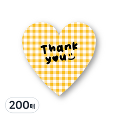 체크 땡큐 하트 스티커 thankyou 체크무늬 핑크 옐로우 5cm, 200매, 옐로우체크