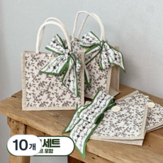 황마 쇼핑백(스카프 포함) 단체 선물 포장 답례품, 10개, 베이지플라워