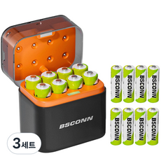 BSCONN 건전지 충전기 케이스 + 3600mWh AA 충전지 8P 장난감용 충전식 리튬이온 배터리 세트, 3세트