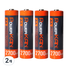POWERKAN 고용량 AA 충전지 니켈수소 1.2V Ni-MH 2700mAh 건전지 수납케이스 포함, 2개, 4개입