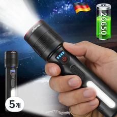 Eclairex 초강력 led 손전등 독일 야외 방수 장시간 항속 줌 후레쉬 대용량 전지 휴대용 손전등, 블랙, 5개