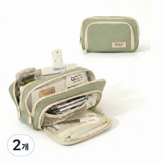 뭉클톡톡 패브릭 심플 대용량 3단 필통, 2개, 그린