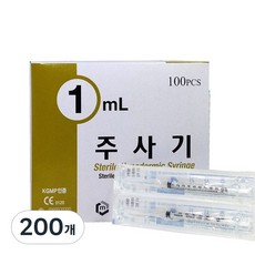 한국백신 일회용 주사기 1cc 26g 100p 멸균 개별포장 의료용 바늘, 200개 200개