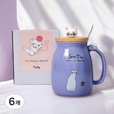 고양이 예쁜 머그컵 [ 뚜껑세트 카페컵 생일선물 도자기컵 여친 남친 선물 홈카페 나혼자산다 답례품 개업선물 합격선물 윤스테이 뚜껑컵 집들이선물 귀여운 고양이 티스푼 ], 보라, 6개