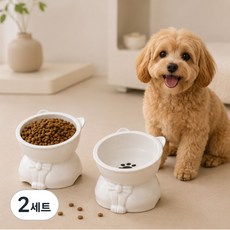 캣도그 반려동물 세라믹 식기 세트, 2세트, 화이트