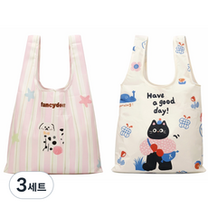 1+1 초경량(30g) 접이식 귀요미 장바구니, 3세트, 강아지핑크,고양이화이트