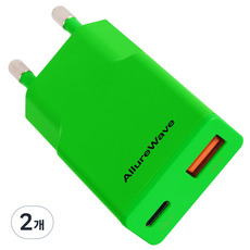 얼루어웨이브 초슬림 Gan PD3.0 PPS 30W 2포트 C타입 초고속 충전기 듀얼 포트 어댑터, 2개, 그린