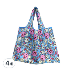휴대용 접이식 장바구니 에코백 라지 대형 빅사이즈 쇼퍼백, 블루 스마일, 4개