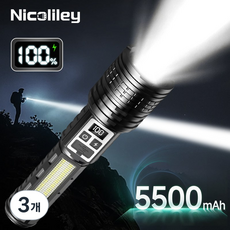 Nicoliley 충전식 후레쉬 고휘도 줌 손전등 초강력 led 손전등+자기흡입기능, 3개, 업그레이드 블랙