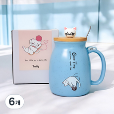 고양이 예쁜 머그컵 [ 뚜껑세트 카페컵 생일선물 도자기컵 여친 남친 선물 홈카페 나혼자산다 답례품 개업선물 합격선물 윤스테이 뚜껑컵 집들이선물 귀여운 고양이 티스푼 ], 하늘, 6개