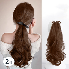상덕 포니테일가발 웨이브 무광 끈 묶음형 머릿결 좋은 (똥머리가능), 2개, 라이트브라운