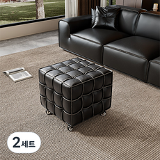 HAYIYA 진짜 가죽 사각 미니 스툴 원목 프레임 보조휠 생활발수 거실/침실용 발받침대 풋스툴 쇼파 풋 스툴, 블랙 만능 캐스터, 2세트