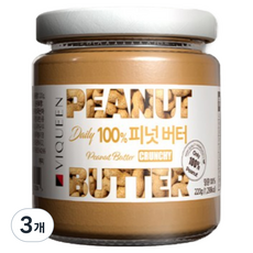 바이퀸 100% 땅콩버터 피넛버터 크런치 무첨가, 3개, 220g