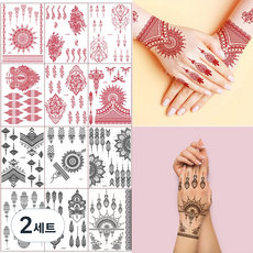 12장 헤나 타투스티커 나비 만다라꽃 플라워 타투 헤나도안 축제 휴가 분장 핸드 바디 레터링아트 반영구 인스턴트 문신, 2세트, 6BLACK 6RED