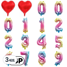 스마일파티 미니 소형 은박 숫자 번호 풍선 16P 하트 새해 생일 기념일, 3세트, 레인보우16P