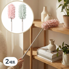 홀리크 길이조절 미니 휴대용 셔닐 먼지털이 브러쉬, 2세트, 핑크+민트 미니 핸디