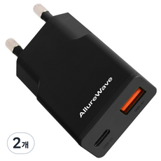 얼루어웨이브 초슬림 Gan PD3.0 PPS 30W 2포트 C타입 초고속 충전기 듀얼 포트 어댑터, 2개, 블랙