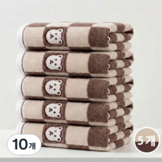 융풍 체커보드 곰돌이 면 타월 | 두툼한 순면 데일리 타월 | 부드러운 촉감 흡수력 우수, 10개, 브라운