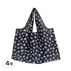 휴대용 접이식 장바구니 에코백 라지 대형 빅사이즈 쇼퍼백, 블랙 데이지, 4개