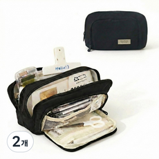 뭉클톡톡 패브릭 심플 대용량 3단 필통, 2개, 블랙