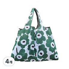 휴대용 접이식 장바구니 에코백 라지 대형 빅사이즈 쇼퍼백, 그린 플라워, 4개