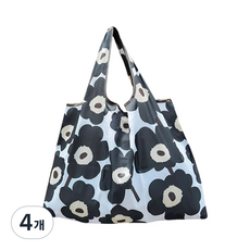 휴대용 접이식 장바구니 에코백 라지 대형 빅사이즈 쇼퍼백, 블랙 플라워, 4개