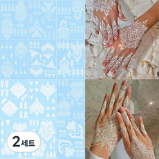 12장 헤나 타투스티커 나비 만다라꽃 플라워 타투 헤나도안 축제 휴가 분장 핸드 바디 레터링아트 반영구 인스턴트 문신, 2세트, 12WHITE