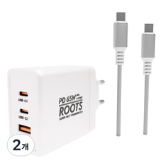 루츠 국내생산 초고속 멀티 충전기 C타입 3포트 PD 65W PPS + C to C 100W 5A E Marker 1.5M 케이블포함, 화이트, 2개
