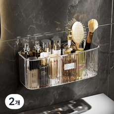 욕실 부착식 무타공 수납 정리함 수납선반, 투명, 2개